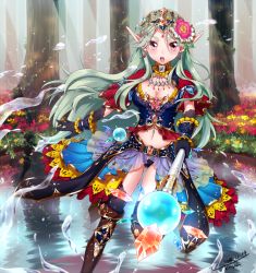 Rule 34 | 1girl, 2014, bad id, bad pixiv id, belt, black gloves, breasts, chino ukana, cleavage, crystal, dated, elf, forest, gloves, green hair, long hair, midriff, nature, original, pointy ears, purple eyes, solo, staff, standing, standing on one leg, tree, water