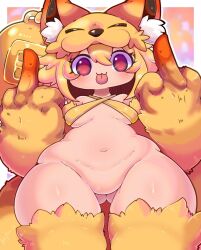 Rule 34 | 1girl, :3, animal ear fluff, animal hands, bell, blonde hair, blush, bottomless, breasts, commentary request, commission, cowboy shot, criss-cross halter, double middle finger, fox girl, fox hat, fox tail, from below, gluteal fold, hair between eyes, halterneck, highres, looking at viewer, medium breasts, middle finger, moonlight flower, navel, no pussy, oyasumi nidone, ragnarok online, red eyes, second-party source, short hair, solo, tail, tongue, tongue out