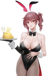 Rule 34 | 1girl, animal ears, azur lane, bad id, bad twitter id, bare shoulders, bow, bowtie, breasts, brown hair, cleavage, collarbone, commentary, covered erect nipples, cropped, cup, detached collar, drill hair, duca degli abruzzi (azur lane), duplicate, earrings, fake animal ears, fishnet pantyhose, fishnets, glass, highres, holding, holding tray, jewelry, large breasts, leotard, looking at viewer, manjuu (azur lane), nail polish, ohisashiburi, pantyhose, playboy bunny, rabbit ears, red eyes, red nails, side drill, side ponytail, simple background, skindentation, solo, symbol-only commentary, tray, white background, wrist cuffs