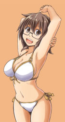 Rule 34 | 1girl, :d, absurdres, alto-00, armpits, arms up, aussa the earth charmer, bikini, breasts, brown eyes, brown hair, cowboy shot, duel monster, front-tie bikini top, front-tie top, glasses, highres, large breasts, looking at viewer, navel, open mouth, short hair, side-tie bikini bottom, smile, solo, stretching, swimsuit, white bikini, yu-gi-oh!