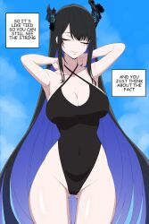 Rule 34 | 1girl, absurdres, asymmetrical horns, black hair, black horns, black nails, black one-piece swimsuit, blue hair, blue sky, breasts, cleavage, closed eyes, closed mouth, cloud, covered navel, day, daydarion, english text, gluteal fold, groin, highleg, highleg swimsuit, highres, hololive, hololive english, horns, large breasts, long hair, mole, mole under eye, nerissa ravencroft, one-piece swimsuit, outdoors, sky, smile, solo, speech bubble, swimsuit, undressing, untying, very long hair, virtual youtuber