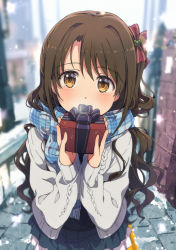 Rule 34 | 1girl, blazer, blurry, blurry background, box, brown eyes, brown hair, christmas, commentary request, day, gift, gift box, hair ornament, holding, holding gift, idolmaster, idolmaster cinderella girls, incoming gift, jacket, long hair, looking at viewer, ogipote, one side up, outdoors, plaid, plaid scarf, scarf, shimamura uzuki, solo, wavy hair