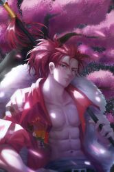 Rule 34 | 1boy, abs, absurdres, belt, black belt, changpao, cherry blossoms, chinese clothes, collarbone, dragon print, fate/grand order, fate (series), frown, grey eyes, hair between eyes, highres, holding, holding polearm, holding weapon, li shuwen (fate), li shuwen (young) (fate), male focus, muscular, muscular male, navel, open clothes, open shirt, polearm, qisaiman, solo, tree, weapon