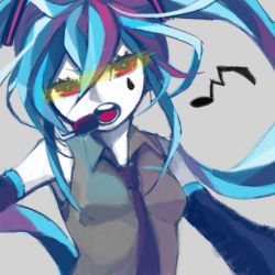 Rule 34 | 1girl, arms at sides, bare shoulders, black necktie, black tears, blue hair, breasts, close-up, collared shirt, colored skin, colorful, detached sleeves, eighth note, eyelashes, facing viewer, grey background, grey shirt, hair between eyes, hatsune miku, head tilt, headset, long hair, lower teeth only, momoiro oji, music, musical note, necktie, open mouth, red eyes, round teeth, serious, shirt, simple background, singing, single tear, sleeveless, sleeveless shirt, small breasts, solo, tareme, tears, teeth, twintails, upper body, upper teeth only, vocaloid, white skin