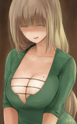 Rule 34 | 1girl, artist name, bad id, bad pixiv id, blonde hair, breasts, brown background, brown eyes, brown hair, cleavage, collarbone, dress, ghisi, highres, large breasts, long hair, mole, mole on breast, original, shaded face, simple background, solo, special g (spg), upper body