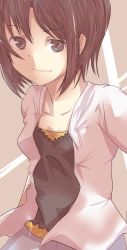Rule 34 | 10s, 1girl, close-up, closed mouth, collarbone, highres, idolmaster, idolmaster (classic), idolmaster 2, jacket, kikuchi makoto, long sleeves, open clothes, open jacket, shirt, short hair, smile, solo, t-shirt, upper body