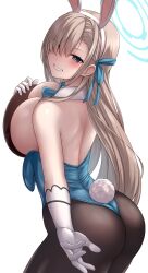 Rule 34 | 1girl, absurdres, animal ears, aqua leotard, ass, asuna (blue archive), asuna (bunny) (blue archive), back, blue archive, blue bow, blue bowtie, blue eyes, blue leotard, bow, bowtie, braid, braided bun, breasts, chien zero, covering privates, covering breasts, detached collar, elbow gloves, fake animal ears, fake tail, gloves, hair bun, hair over one eye, hair ribbon, halo, highleg, highleg leotard, highres, large breasts, leotard, light brown hair, looking at viewer, mole, mole on breast, official alternate costume, pantyhose, playboy bunny, rabbit ears, rabbit tail, ribbon, solo, strapless, strapless leotard, tail, thighband pantyhose, traditional bowtie, tray, wrist cuffs