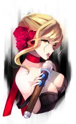 Rule 34 | 1girl, bare shoulders, blonde hair, breasts, chiroru (cheese-roll), cleavage, evelynn (league of legends), flower, hair between eyes, hair flower, hair ornament, highres, large breasts, league of legends, looking at viewer, neckerchief, open mouth, rose, sexually suggestive, short hair, solo, strap slip, tango evelynn, tongue, tongue out, upper body, yellow eyes