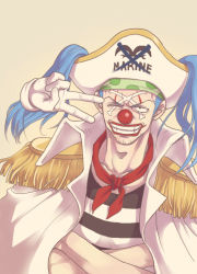 Rule 34 | 1boy, blue hair, buggy the clown, detached limb, dismembered, hat, male focus, one piece, simple background, solo