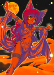Rule 34 | 1girl, animal ears, armlet, armpits, bodypaint, cat ears, cat girl, cat tail, dark skin, dark-skinned female, desert, facial mark, female focus, flat chest, full moon, glowing, kusui aruta, long hair, moon, navel, night, night sky, original, outdoors, outstretched arms, red hair, red moon, red theme, sky, smile, solo, sparkle, spread arms, standing, tail, thigh strap, tribal, wavy hair, yellow eyes