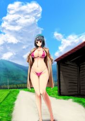 Rule 34 | 10s, 1girl, beret, bikini, bikini under clothes, black hair, blush, breasts, cleavage, cloak, cloud, curvy, female focus, forest, hat, ishimiso (ishimura), kantai collection, large breasts, looking at viewer, nature, outdoors, pink bikini, red eyes, short hair, sky, smile, solo, standing, swimsuit, swimsuit under clothes, takao (kancolle), tree, wide hips