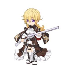 Rule 34 | 1girl, blonde hair, boots, bow, bowtie, breasts, brown cape, brown skirt, bullet, cape, chain, chibi, closed mouth, cross-laced footwear, eyes visible through hair, full body, gun, hair between eyes, handgun, high-waist skirt, high heel boots, high heels, holding, holding gun, holding weapon, large breasts, long bangs, long hair, long skirt, long sleeves, looking at viewer, low ponytail, night watch (ragnarok online), official art, purple eyes, ragnarok online, red cape, revolver, rifle, shirt, simple background, skirt, smile, sniper rifle, solo, split mouth, standing, tachi-e, thigh strap, transparent background, two-sided cape, two-sided fabric, underbust, weapon, white bow, white bowtie, white footwear, white shirt, yuichirou