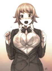 Rule 34 | 10s, 1girl, bad id, bad pixiv id, blush, bow, bowtie, bra, breasts, bursting breasts, cleavage, formal, gundam, gundam build fighters, gundam build fighters try, hoshino fumina, large breasts, looking at viewer, monochrome, open clothes, open mouth, open shirt, popped button, sepia, shirt, short hair, solo, suit, tuxedo, underwear, yoshida inuhito