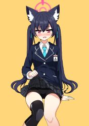 Rule 34 | 1girl, :o, animal ear fluff, animal ears, bike shorts, black hair, blazer, blue archive, blue necktie, blush, bow, cat ears, cat girl, clothes lift, collared shirt, commentary, embarrassed, extra ears, hair between eyes, hair bow, hair ribbon, halo, id card, jacket, knee pads, knees together feet apart, lifting own clothes, long hair, long sleeves, looking at viewer, nanju bami, necktie, plaid, plaid skirt, pleated skirt, red eyes, ribbon, school uniform, serika (blue archive), shirt, sidelocks, simple background, single knee pad, sitting, skirt, skirt lift, solo, twintails, yellow background