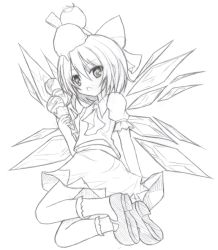 Rule 34 | 1girl, asc, ascot, bow, cirno, food, food on head, hair bow, ice cream, ice cream cone, mary janes, monochrome, object on head, open mouth, shoes, short hair, skirt, skirt set, solo, touhou, wings, yuuhagi (amaretto-no-natsu)