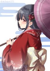 Rule 34 | alternate costume, alternate hairstyle, black hair, blush, closed mouth, ebifurya, floral print, flower, fusou (kancolle), hair between eyes, hair flower, hair ornament, highres, japanese clothes, kantai collection, kimono, long hair, looking at viewer, red eyes, red flower, simple background, smile, solo, umbrella, white background, yukata