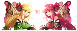 Rule 34 | 2girls, bad id, bad pixiv id, blonde hair, breasts, bug, butterfly, butterfly wings, green eyes, highres, insect, insect wings, large breasts, long hair, looking at viewer, multicolored wings, multiple girls, pink hair, rednian, simple background, smile, tartaros online, white background, wings