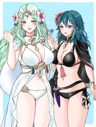Rule 34 | 2girls, artist request, bikini, black bikini, blue eyes, blue hair, blush, breasts, byleth (female) (fire emblem), byleth (female) (summer) (fire emblem), byleth (fire emblem), cleavage, dagger, female focus, fire emblem, fire emblem: three houses, fire emblem heroes, flower, green eyes, green hair, hair flower, hair ornament, highres, jewelry, knife, large breasts, matching hair/eyes, multiple girls, navel, necklace, nintendo, official alternate costume, parted lips, rhea (fire emblem), rhea (summer) (fire emblem), sheath, sheathed, smile, standing, swimsuit, tassel, thighs, weapon, white bikini