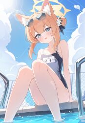 Rule 34 | 1girl, absurdres, animal ear fluff, animal ears, blue archive, blue sky, breasts, cloud, commentary request, day, eyewear on head, flower, hair flower, hair ornament, halo, highres, looking at viewer, mari (blue archive), medium hair, nonddu, old school swimsuit, one-piece swimsuit, orange hair, outdoors, pool, school swimsuit, sidelocks, sky, small breasts, solo, sunglasses, swimsuit, water, white flower, yellow halo