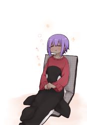 Rule 34 | 1girl, :&gt;, = =, blush, closed eyes, closed mouth, collarbone, dark-skinned female, dark skin, fate/prototype, fate/prototype: fragments of blue and silver, fate (series), hair between eyes, hassan of serenity (fate), i.u.y, long sleeves, purple hair, red sweater, ribbed sweater, sitting, solo, sweater, translation request, white background, wide sleeves