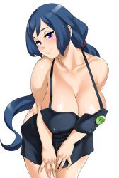 Rule 34 | 10s, 1girl, apron, blue eyes, blue hair, breasts, curvy, gundam, gundam build fighters, haro button badge, highres, huge breasts, iori rinko, jewelry, large breasts, leaning forward, long hair, looking at viewer, matching hair/eyes, mature female, naked apron, ponytail, ring, simple background, smile, solo, very long hair, wedding band, white background, zonda (solid air)