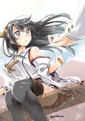 Rule 34 | 10s, 1girl, admiral (kancolle), black hair, boots, brown eyes, detached sleeves, hairband, haruna (kancolle), highres, kantai collection, long hair, nontraditional miko, panties, pantyshot, semi-transparent, single hand, sitting, solo focus, thigh boots, thighhighs, underwear, yukiharu