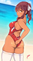 Rule 34 | 1girl, aiuti, ass, beach, brown hair, competition swimsuit, dark-skinned female, dark skin, day, from behind, girls&#039; frontline, highres, long hair, looking at viewer, looking back, one-piece swimsuit, outdoors, ponytail, red one-piece swimsuit, saiga-12 (girls&#039; frontline), signature, solo, swimsuit, tan, thighhighs, twisted torso, white thighhighs, yellow eyes