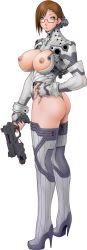 Rule 34 | 1girl, armor, ass, blue eyes, boots, breastless clothes, breasts, brown hair, curvy, earrings, elbow gloves, fingerless gloves, fingernails, full body, girlpower, glasses, gloves, gun, hand on own hip, high heels, jewelry, koutarou, koutarou (girl power), large breasts, leotard, lipstick, long fingernails, looking back, makeup, medium breasts, nail polish, nipples, no bra, open clothes, original, red-framed eyewear, science fiction, shoes, short hair, simple background, solo, standing, thigh boots, thighhighs, thong leotard, transparent background, turtleneck, weapon, zipper