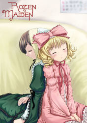 Rule 34 | 00s, 2girls, :o, back-to-back, blonde hair, blush, bow, brown hair, copyright name, couch, dress, frills, green dress, hat, hat bow, head scarf, hinaichigo, long sleeves, multiple girls, parted lips, pillow, pink bow, pink dress, rozen maiden, short hair, sleeping, sleeping upright, straightchromia, suiseiseki