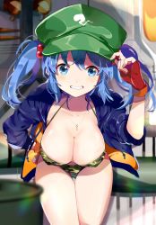 Rule 34 | 1girl, bikini, blue eyes, blue hair, blue jacket, blurry, blurry foreground, blush, breasts, cabbie hat, camouflage, camouflage bikini, cleavage, commentary, cowboy shot, drawstring, fingerless gloves, gloves, gluteal fold, green hat, grin, hair bobbles, hair ornament, halterneck, hand up, hat, highres, jacket, jewelry, kawashiro nitori, key, large breasts, leaning forward, looking at viewer, necklace, open clothes, open jacket, red gloves, satoupote, short hair, smile, solo, standing, swimsuit, thighs, touhou, twintails