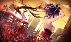 Rule 34 | 1girl, back, backless outfit, bare shoulders, breasts, cloud, cutting hair, dare ga tame no alchemist, flower, game cg, graveyard, hair ornament, holding, holding own hair, kunai, medium breasts, official art, orange sky, petals, purple eyes, purple hair, short hair, sky, solo, sunset, tombstone, weapon, wrist guards, yomi (dare ga tame no alchemist)