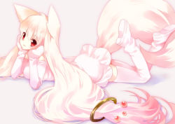 Rule 34 | 10s, 1girl, :3, animal ears, arm support, ech, elbow gloves, female focus, gloves, hands on own cheeks, hands on own face, head rest, kyubey, long hair, lying, mahou shoujo madoka magica, mahou shoujo madoka magica (anime), on stomach, personification, red eyes, solo, tail, thighhighs, very long hair, white hair, white thighhighs, zettai ryouiki