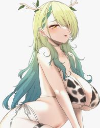 Rule 34 | 1girl, animal print, antlers, bare shoulders, bikini, blush, braid, braided bangs, branch, breasts, ceres fauna, cleavage, collarbone, cow print, cow print bikini, green hair, highres, hololive, hololive english, horns, lactation, lactation through clothes, large breasts, long hair, looking at viewer, mole, mole under eye, navel, parted lips, print bikini, solo, swimsuit, thigh strap, tinnies, virtual youtuber, white background, white bikini, yellow eyes