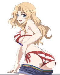 Rule 34 | 1girl, american flag bikini, american flag print, ass, bikini, blonde hair, blue eyes, blush, breasts, butt crack, clothes pull, flag print, from behind, girls und panzer, hair intakes, kay (girls und panzer), large breasts, long hair, looking at viewer, looking back, nanashino, open mouth, print bikini, shorts, shorts pull, side-tie bikini bottom, simple background, smile, solo, swimsuit, white background