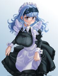 Rule 34 | 1girl, alternate costume, apron, black dress, blue background, blue hair, breasts, brown eyes, commentary, commission, dress, enmaided, fire emblem, fire emblem: three houses, fire emblem warriors: three hopes, frilled apron, frills, gradient background, grin, highres, juliet sleeves, large breasts, laz gm, long hair, long sleeves, looking at viewer, maid, maid headdress, marianne von edmund, nintendo, official alternate hairstyle, puffy sleeves, second-party source, smile, solo, white apron
