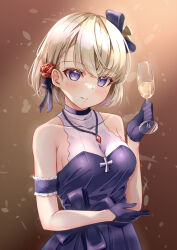 Rule 34 | 1girl, absurdres, alcohol, azur lane, black dress, black gloves, bob cut, bow, champagne, classic (zildjian33), collarbone, commentary request, cross, cup, detached sleeves, dress, drinking glass, eyes visible through hair, gloves, hair bow, hair ornament, hair ribbon, head tilt, highres, holding, holding cup, iron cross, jewelry, light brown hair, looking at viewer, necklace, official alternate costume, purple eyes, revision, ribbon, short hair, sidelocks, simple background, smile, solo, wine glass, z23 (azur lane), z23 (the banquet&#039;s honor student) (azur lane)