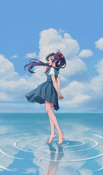 Rule 34 | 1girl, absurdres, barefoot, black eyes, black hair, blue dress, bow, breasts, cloud, commentary, dress, english commentary, floating hair, hair ribbon, highres, joao (jonnydolake), medium breasts, original, ponytail, red bow, red ribbon, reflection, ribbon, ripples, school uniform, sky, solo, standing, water