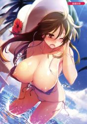Rule 34 | 1girl, absurdres, artist name, beach house, bikini, blue sky, blush, breasts, brown eyes, brown hair, chromatic aberration, cleavage, cloud, collarbone, covered erect nipples, day, dutch angle, front-tie top, hair between eyes, hand in own hair, hand on own leg, hat, highres, huge breasts, leaning forward, legs apart, lens flare, long hair, looking down, melonbooks, nipples, one eye closed, open mouth, original, ouma tokiichi, outdoors, palm tree, scan, side-tie bikini bottom, sky, solo, sparkle, standing, sun, sun hat, sunlight, swimsuit, tree, untied bikini, wading, wardrobe malfunction, water, water drop, white bikini, wings