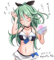 Rule 34 | 10s, 1girl, bikini, blush, brain freeze, breasts, cleavage, collarbone, commentary request, dated, closed eyes, food, giraffe (ilconte), green hair, hair between eyes, ice cream, kantai collection, long hair, simple background, solo, swimsuit, translation request, twitter username, utensil in mouth, white background, yamakaze (kancolle)