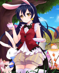 Rule 34 | 1girl, animal ears, blue hair, blush, earrings, gloves, hair between eyes, heart, highres, holding, jewelry, korekara no someday, long hair, looking at viewer, love live!, love live! school idol project, mikimo nezumi, puffy shorts, rabbit, rabbit ears, shorts, smile, solo, sonoda umi, thighhighs, white gloves, white thighhighs, yellow eyes