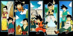 Rule 34 | 1girl, 6+boys, :d, :o, abs, age progression, arena, arm support, arms at sides, audience, bad id, bad twitter id, baggy pants, black background, black eyes, black hair, blue eyes, boots, brick wall, brothers, character name, chi-chi (dragon ball), china dress, chinese clothes, clenched teeth, clothes writing, cloud, cloudy sky, collarbone, crossed arms, day, dot nose, dougi, dragon ball, dragonball z, dress, father and son, fighting stance, fingernails, flying, forest, frown, gotenks, grey hair, grin, hair bun, hand up, hands on own hips, happy, highres, house, index finger raised, kami&#039;s lookout, long sleeves, looking afar, looking at another, looking at viewer, looking to the side, looking up, metamoran vest, mother and son, mountain, multicolored hair, multiple boys, multiple persona, muscular, nature, neckerchief, open mouth, orange footwear, outdoors, outside border, palm tree, pants, pectorals, profile, purple hair, purple neckerchief, rock, shirt, short sleeves, siblings, simple background, single hair bun, sitting, sky, smile, son gohan, son goku, son goten, spiked hair, stairs, standing, streaked hair, teeth, toritoki (trig tkdb), tree, trunks (dragon ball), two-tone hair, upper teeth only, waistcoat, wall, waving, white pants, wristband, yellow footwear