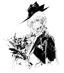 Rule 34 | 1girl, arknights, ascot, bouquet, chuzenji, closed mouth, coat, commentary, ear piercing, flower, gladiia (arknights), greyscale, hat, holding, holding bouquet, lineart, looking at viewer, monochrome, open clothes, open coat, piercing, pointy ears, sketch, solo, upper body