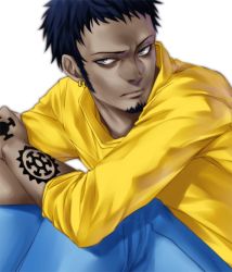 Rule 34 | 1boy, blue eyes, blue hair, denim, doctor, earrings, facial hair, goatee, jeans, jewelry, male focus, matching hair/eyes, one piece, pants, shirt, simple background, sitting, solo, tattoo, trafalgar law, white background, yellow shirt