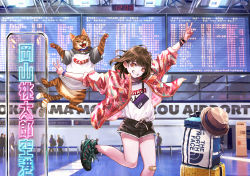 Rule 34 | 1girl, airport, bandaid, bracelet, brown hair, cat, double v, grin, hat, highres, jacket, jewelry, makurao, original, shirt, shoes, short shorts, shorts, smile, sneakers, solo focus, t-shirt, the north face, v