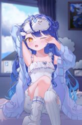 Rule 34 | 1girl, amamiya kokoro, blue cardigan, blue hair, blush, camisole, cardigan, gradient hair, highres, long hair, multicolored hair, nijisanji, one eye closed, open cardigan, open clothes, open mouth, pants, sleep mask, solo, thighhighs, ushimu, very long hair, virtual youtuber, waking up, white camisole, white pants, white thighhighs, yellow eyes