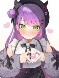 Rule 34 | 1girl, bare shoulders, beret, black bow, black hat, black skirt, blouse, blush, bow, braid, breasts, brown background, closed mouth, commentary request, fake horns, french braid, gradient background, green eyes, grey jacket, hair bow, hair bun, hands up, hat, heart, heart hands, highres, hololive, horned headwear, horns, jacket, long hair, long sleeves, multicolored hair, off shoulder, open clothes, open jacket, pink hair, plaid, pleated skirt, pointy ears, puffy long sleeves, puffy sleeves, purple hair, seramikku, shirt, side bun, single hair bun, single side bun, skirt, sleeveless, sleeveless shirt, sleeves past wrists, small breasts, smile, solo, streaked hair, suspender skirt, suspenders, tokoyami towa, very long hair, virtual youtuber, white background, white shirt