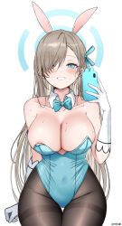 Rule 34 | 1girl, animal ears, areola slip, arm behind back, artist name, asuna (blue archive), asuna (bunny) (blue archive), bare shoulders, blue archive, blue bow, blue bowtie, blue eyes, blue leotard, blue ribbon, blush, bow, bowtie, breasts, brown pantyhose, cellphone, cleavage, collarbone, commentary, covered navel, cowboy shot, detached collar, elbow gloves, fake animal ears, gloves, grin, groin, hair between eyes, hair over one eye, hair ribbon, halo, hand up, highleg, highleg leotard, highres, holding, holding phone, large breasts, leotard, lethe (lethe187), light brown hair, long hair, looking at viewer, mole, mole on breast, one eye covered, pantyhose, phone, playboy bunny, rabbit ears, ribbon, selfie, simple background, smartphone, smile, solo, standing, strapless, strapless leotard, sweat, thigh gap, thighband pantyhose, traditional bowtie, very long hair, white background, white gloves