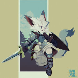 Rule 34 | 1boy, animal ears, armor, artist name, belt, belt pouch, black gloves, blue eyes, blue hair, blue vest, cat boy, cat ears, cat tail, clenched hands, collar, fang, full body, furry, furry male, gloves, greaves, highres, holding, holding shield, holding sword, holding weapon, leg up, looking to the side, male focus, metal collar, multicolored hair, murayama ryota, no lineart, open mouth, original, pauldrons, pouch, shield, short hair, shorts, shoulder armor, shrug (clothing), signature, single pauldron, solo, streaked hair, sword, tail, two-tone hair, v-shaped eyebrows, vest, weapon, white hair, white shorts, yellow background