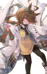 Rule 34 | 1girl, agnes tachyon (umamusume), animal ears, black necktie, black pantyhose, black shirt, brown hair, chemical structure, coat, earrings, eyes visible through hair, floating clothes, hair between eyes, hand to own mouth, head tilt, horse ears, horse girl, horse tail, jewelry, lab coat, long sleeves, looking at viewer, necktie, pantyhose, red eyes, shirt, short hair, short necktie, simple background, single earring, sleeves past fingers, sleeves past wrists, smile, solo, sweater, tail, test tube, umamusume, welchino, white background, white coat, yellow sweater