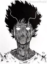 Rule 34 | 1boy, blank eyes, blood, blood on face, commentary, draw with aid, english commentary, hatching (texture), highres, instagram username, kageyama shigeo, making-of available, male focus, marker (medium), mob psycho 100, portrait, shirt, signature, solo, torn clothes, torn shirt, traditional media, video crop